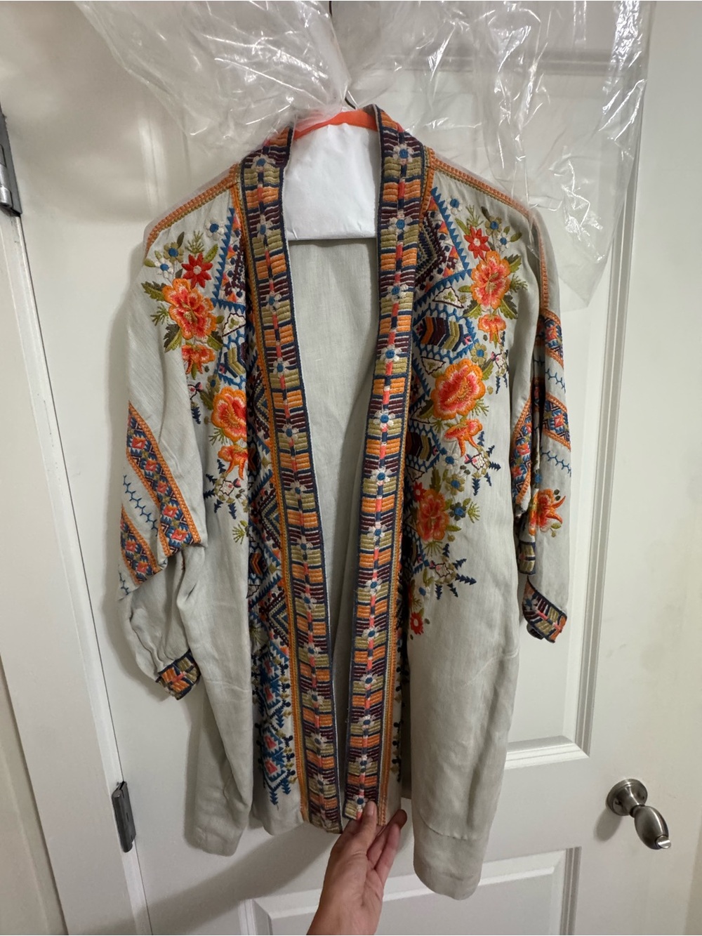 Johnny Was Cream Embroidered Open-Front Jacket with Orange Floral Accents